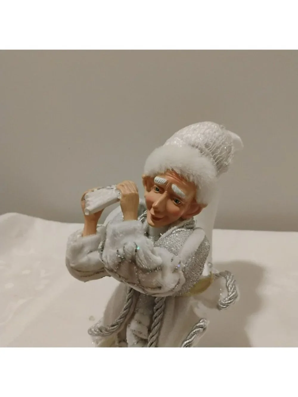 Vintage Posable Elf Figurine Silver White Crystal Jester Shelf Sitter Flute Play